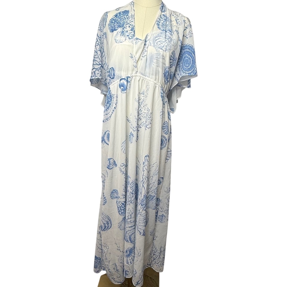 Soft Surroundings Captiva Maxi Dress Coastal Sequin Beaded Seashell Blue White L